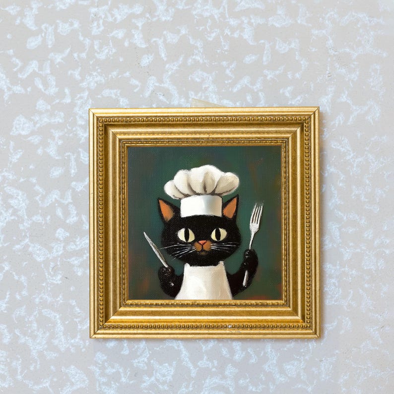 Mini Chef Cat Oil Painting in Gold Frame: Hand-Painted Kitchen Art