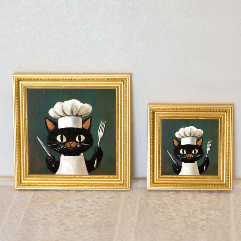 Mini Chef Cat Oil Painting in Gold Frame: Hand-Painted Kitchen Art