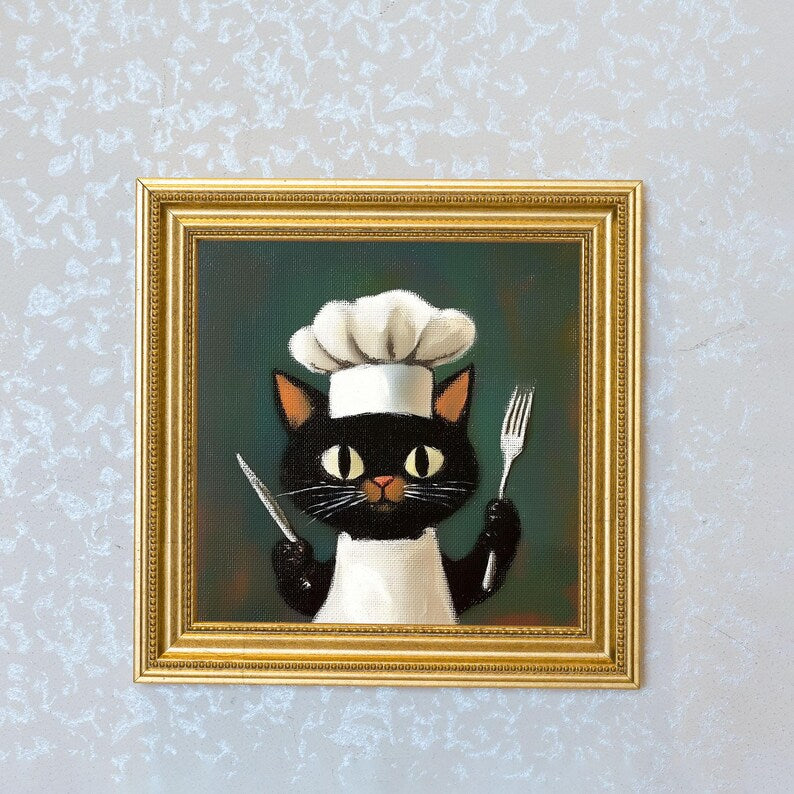 Mini Chef Cat Oil Painting in Gold Frame: Hand-Painted Kitchen Art