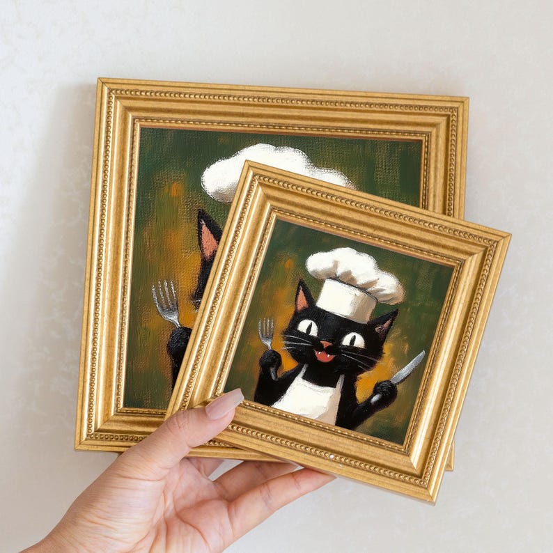 Mini Hell Chef Cat Oil Painting in Gold Frame: Whimsical Kitchen Art