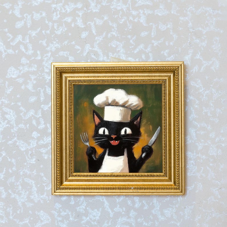 Mini Hell Chef Cat Oil Painting in Gold Frame: Whimsical Kitchen Art
