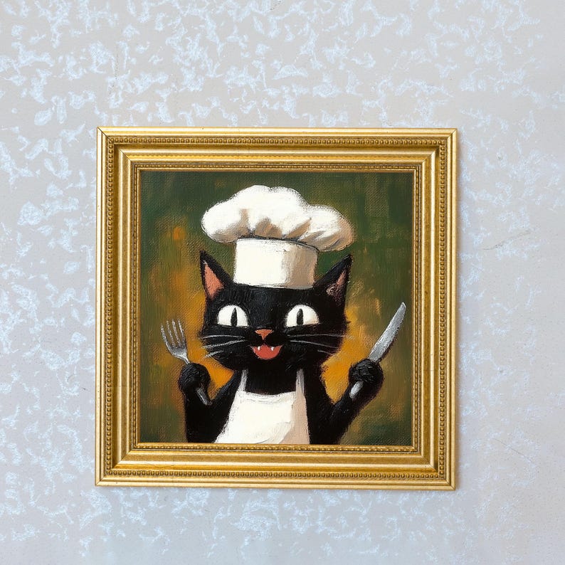 Mini Hell Chef Cat Oil Painting in Gold Frame: Whimsical Kitchen Art