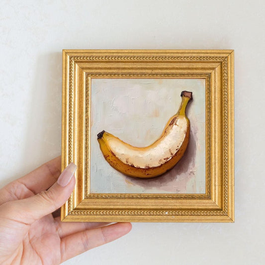 Mini Banana Oil Painting in Gold Frame: Hand-Painted Fruit Still Life Art