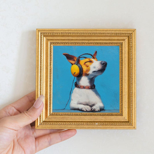 Mini Music Dog Oil Painting in Gold Frame: Hand-Painted Puppy Art