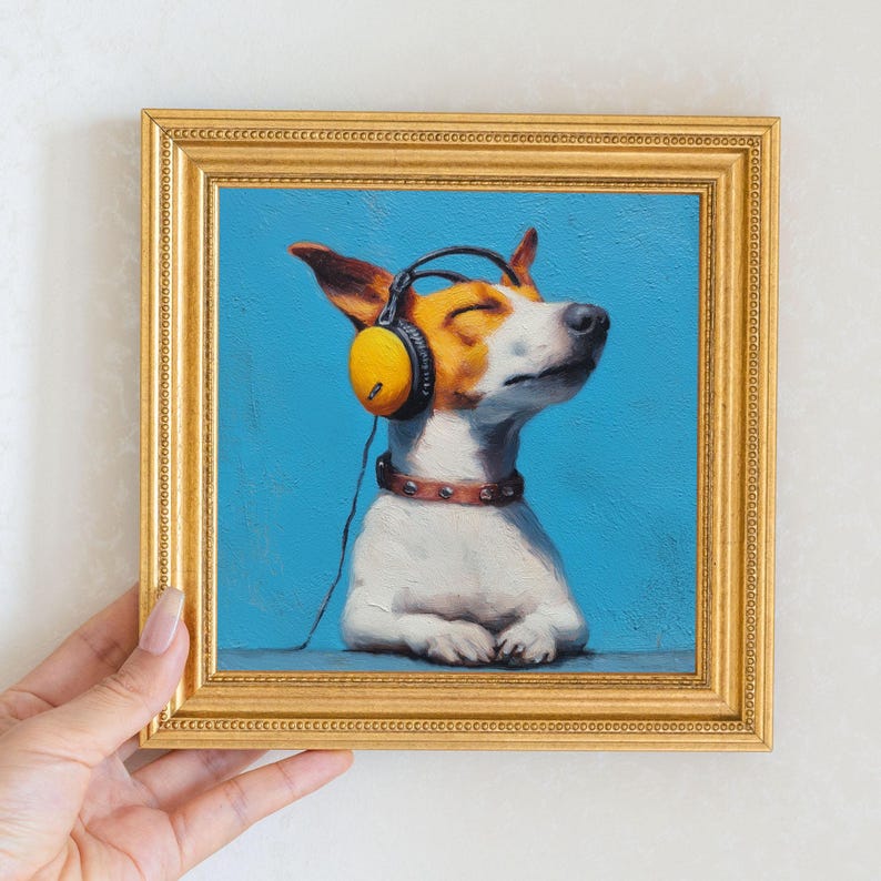 Mini Music Dog Oil Painting in Gold Frame: Hand-Painted Puppy Art