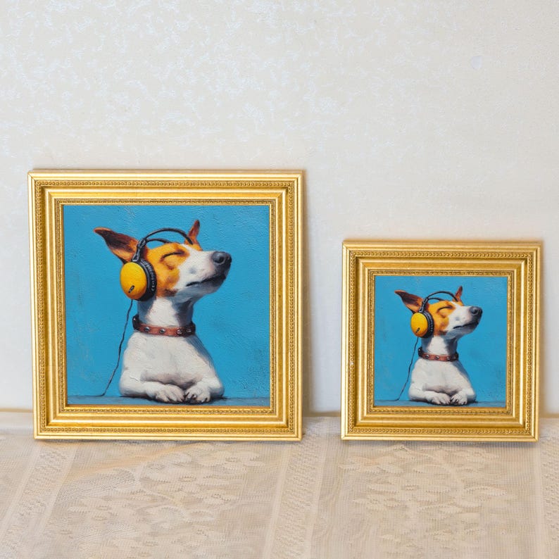 Mini Music Dog Oil Painting in Gold Frame: Hand-Painted Puppy Art
