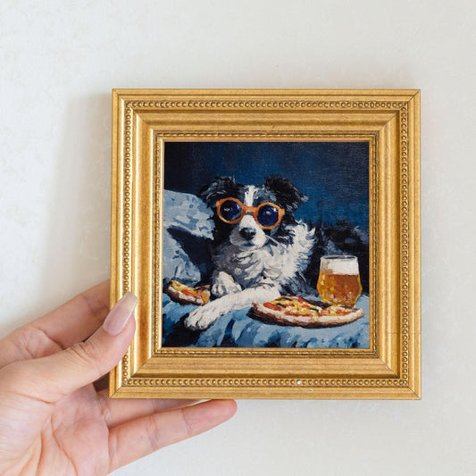 Mini Border Collie Oil Painting: Hand-Painted Dog Art in Gold Frame