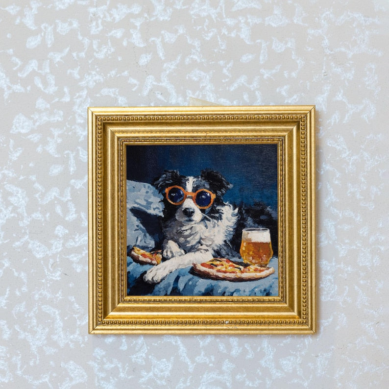 Mini Border Collie Oil Painting: Hand-Painted Dog Art in Gold Frame