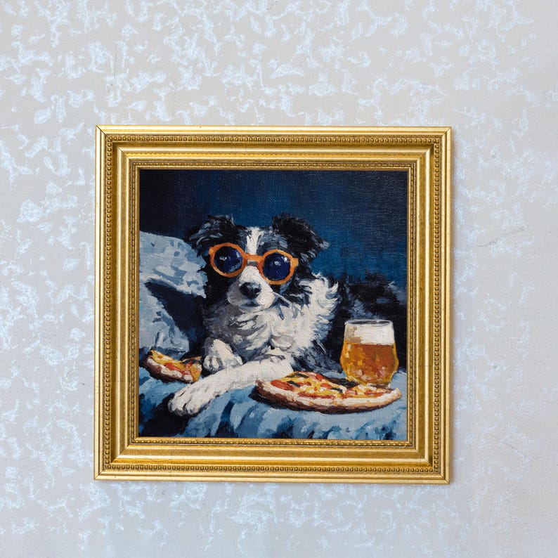 Mini Border Collie Oil Painting: Hand-Painted Dog Art in Gold Frame