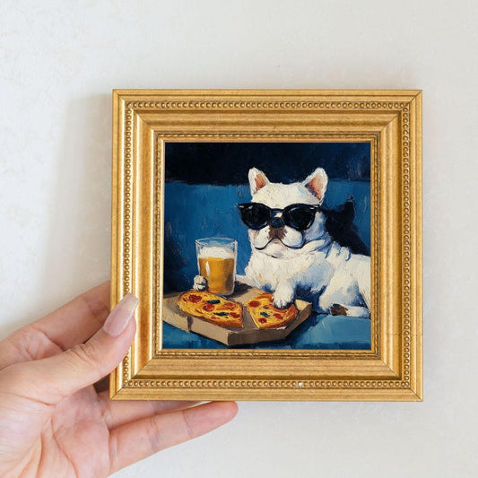 Mini French Bulldog Oil Painting in Gold Frame: Hand-Painted Puppy Art