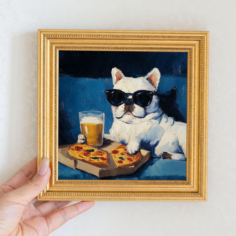 Mini French Bulldog Oil Painting in Gold Frame: Hand-Painted Puppy Art