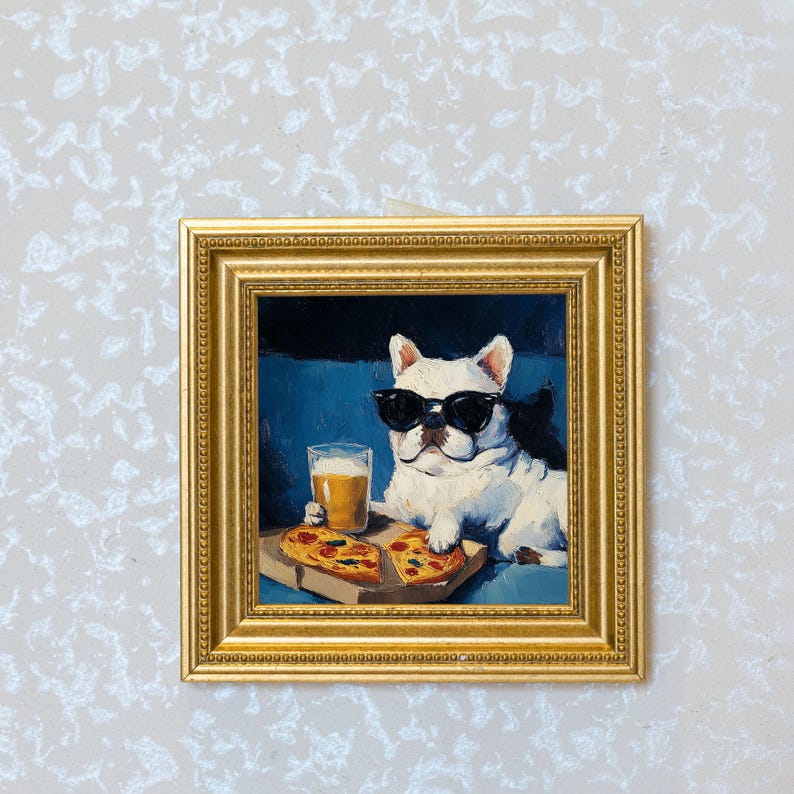 Mini French Bulldog Oil Painting in Gold Frame: Hand-Painted Puppy Art
