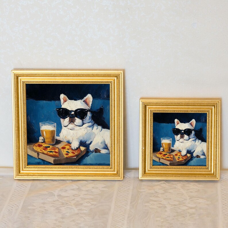 Mini French Bulldog Oil Painting in Gold Frame: Hand-Painted Puppy Art