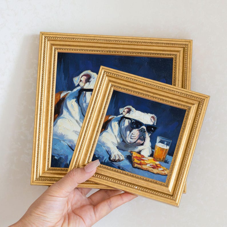 Mini Bulldog Oil Painting in Gold Frame: Hand-Painted Puppy Art