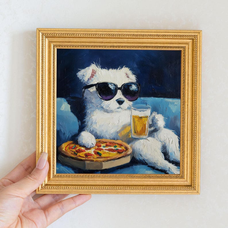 Mini Westie Dog Oil Painting: Hand-Painted Gold Frame Art