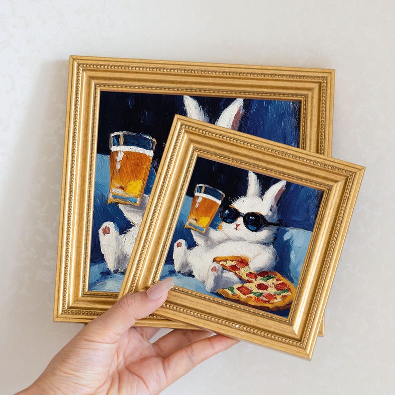Mini Rabbit Oil Painting in Gold Frame: Hand-Painted Bunny Art