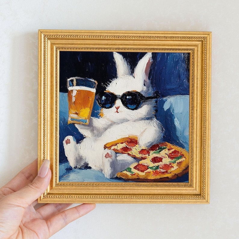 Mini Rabbit Oil Painting in Gold Frame: Hand-Painted Bunny Art