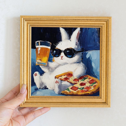 Mini Rabbit Oil Painting in Gold Frame: Hand-Painted Bunny Art