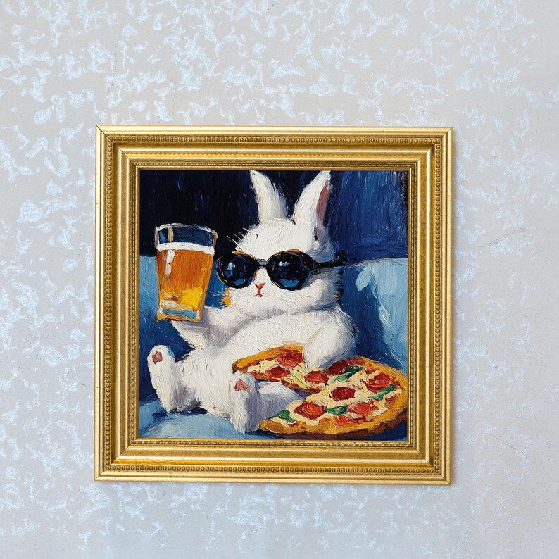 Mini Rabbit Oil Painting in Gold Frame: Hand-Painted Bunny Art