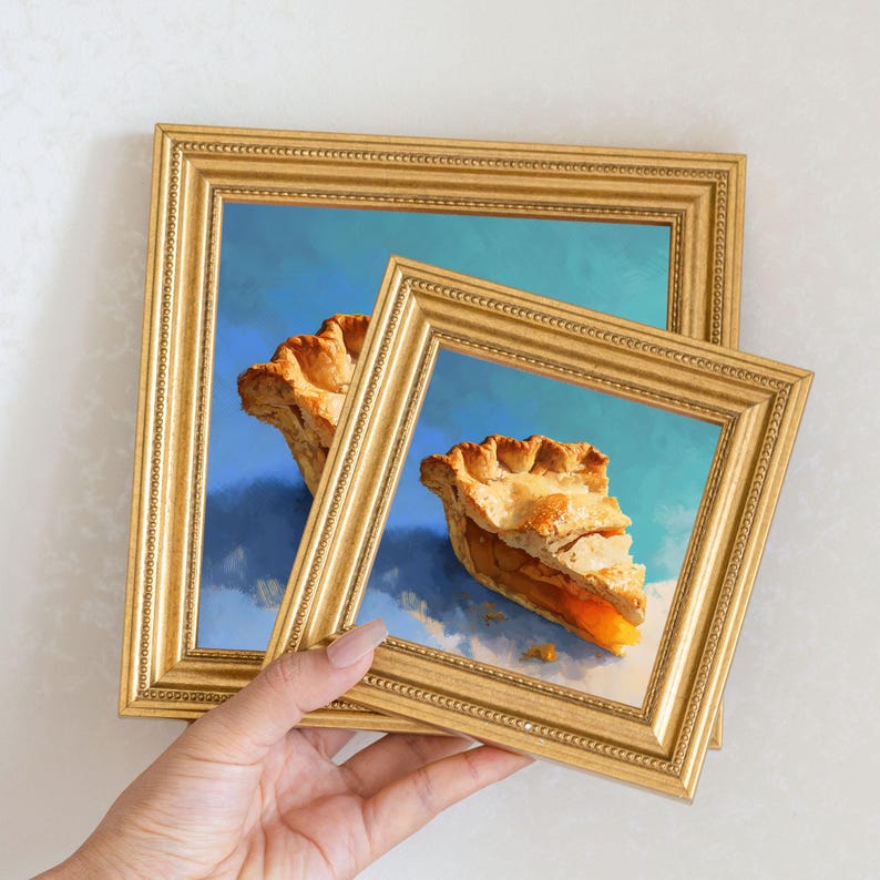 Apple Pie Slice Oil Painting in Gold Frame: Cozy Kitchen Decor