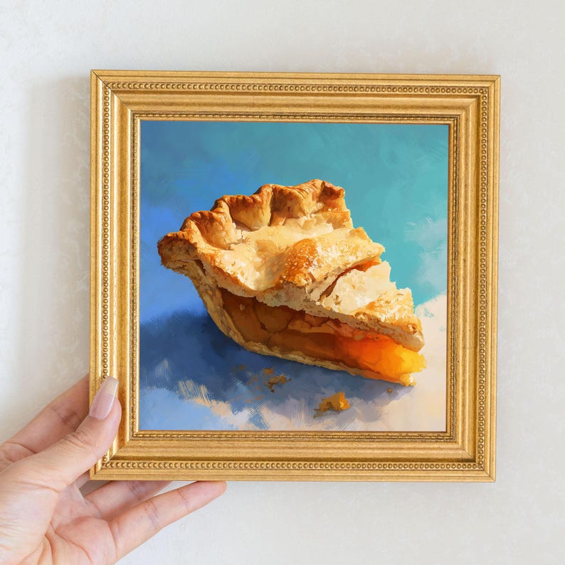 Apple Pie Slice Oil Painting in Gold Frame: Cozy Kitchen Decor