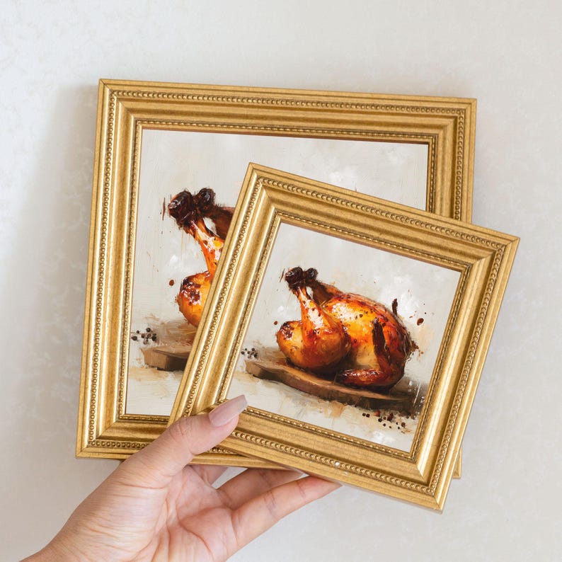 Mini Roast Chicken Oil Painting in Gold Frame: Rustic Kitchen Decor
