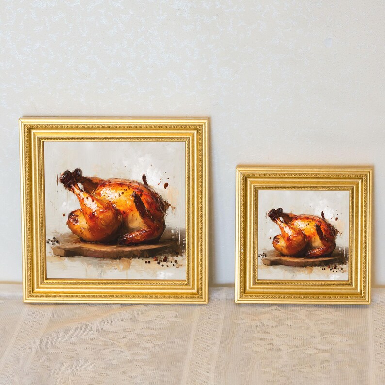 Mini Roast Chicken Oil Painting in Gold Frame: Rustic Kitchen Decor