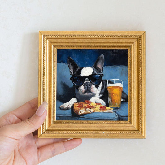 Mini Boston Terrier Oil Painting in Gold Frame: Hand-Painted Dog Art