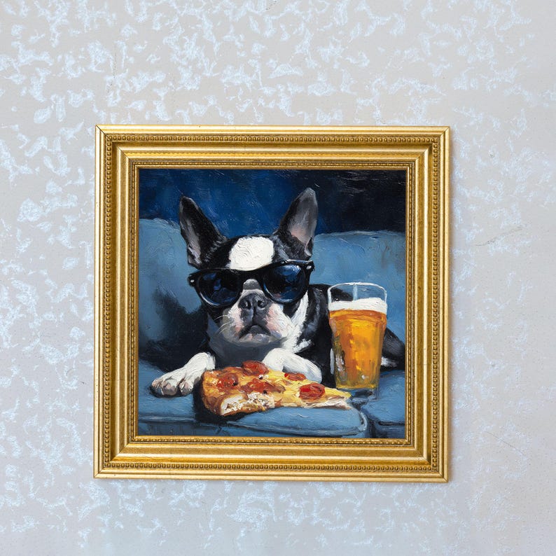 Mini Boston Terrier Oil Painting in Gold Frame: Hand-Painted Dog Art