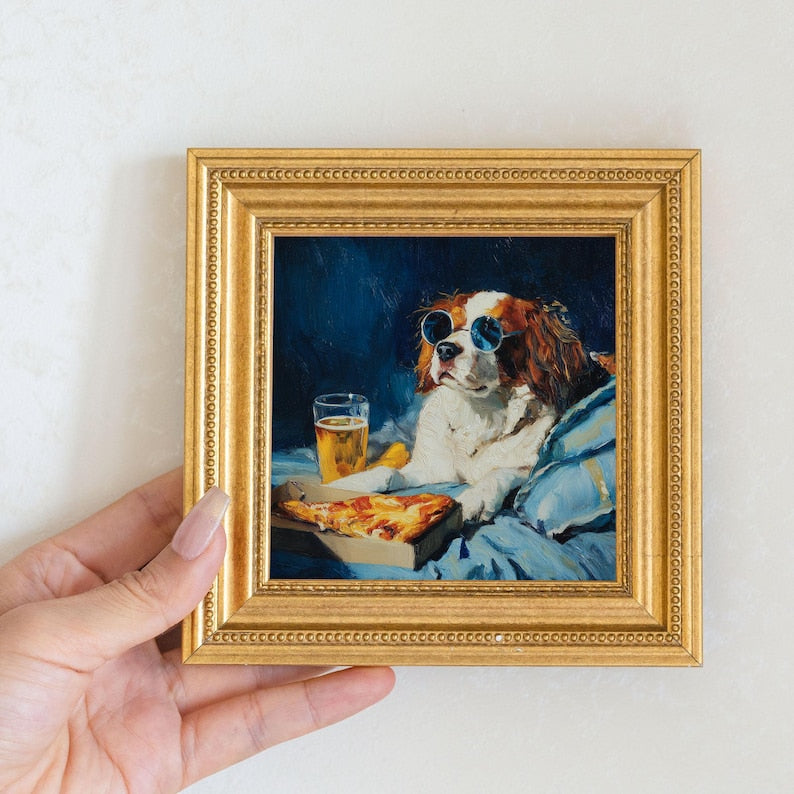 Mini Dog Oil Painting in Gold Frame: Hand-Painted Puppy Portrait