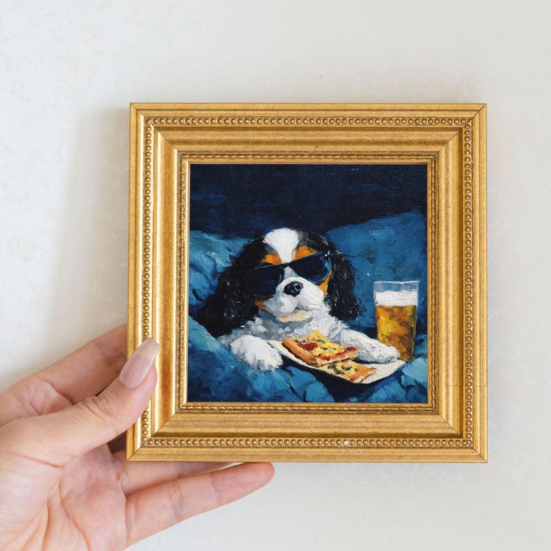 Mini Cavalier Dog Oil Painting in Gold Frame: Hand-Painted Puppy Art