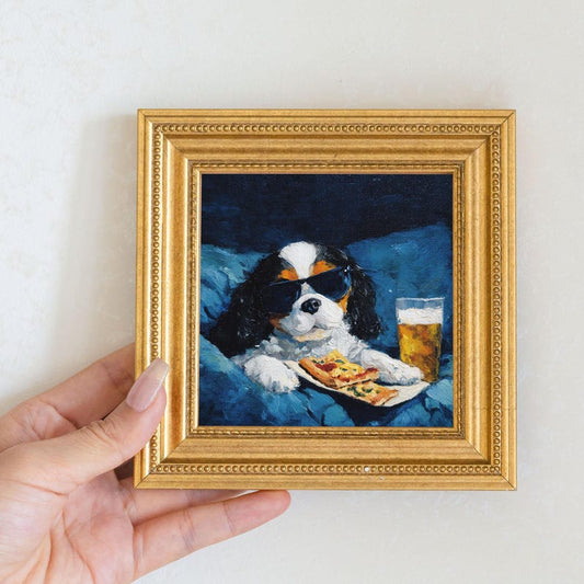 Mini Cavalier Dog Oil Painting in Gold Frame: Hand-Painted Puppy Art