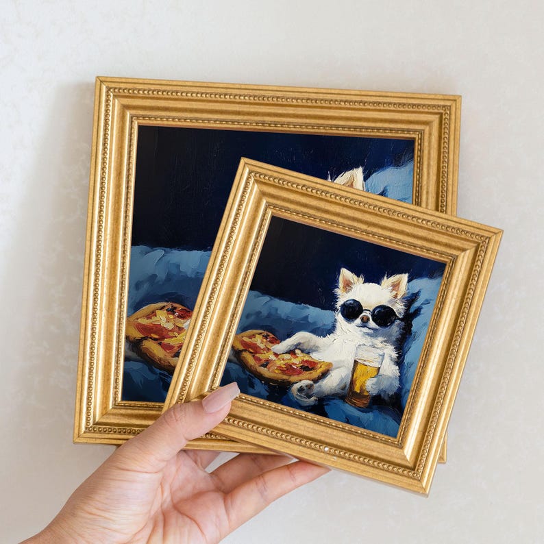 Mini Fluffy White Dog Oil Painting in Gold Frame: Hand-Painted Puppy Art