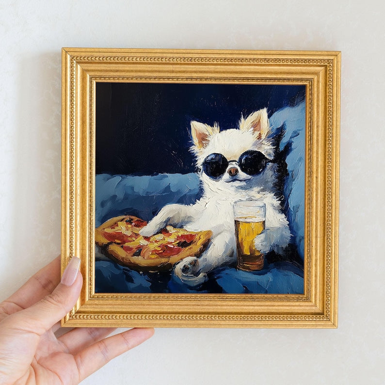 Mini Fluffy White Dog Oil Painting in Gold Frame: Hand-Painted Puppy Art