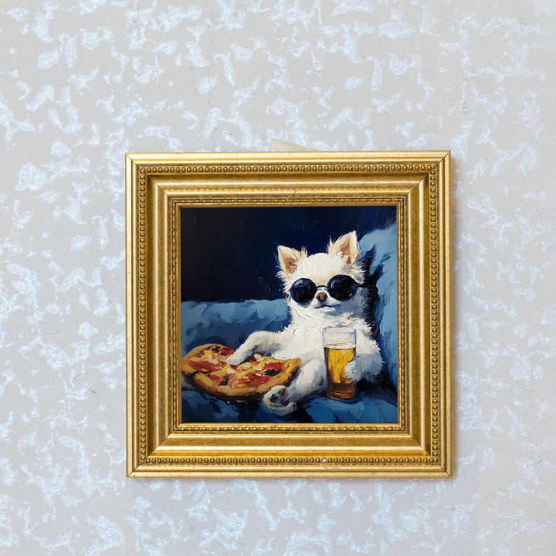Mini Fluffy White Dog Oil Painting in Gold Frame: Hand-Painted Puppy Art