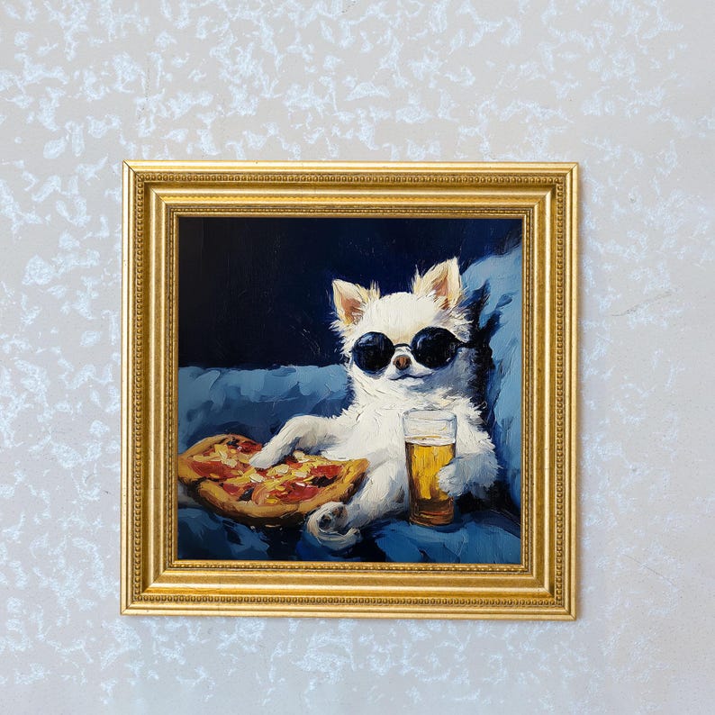 Mini Fluffy White Dog Oil Painting in Gold Frame: Hand-Painted Puppy Art