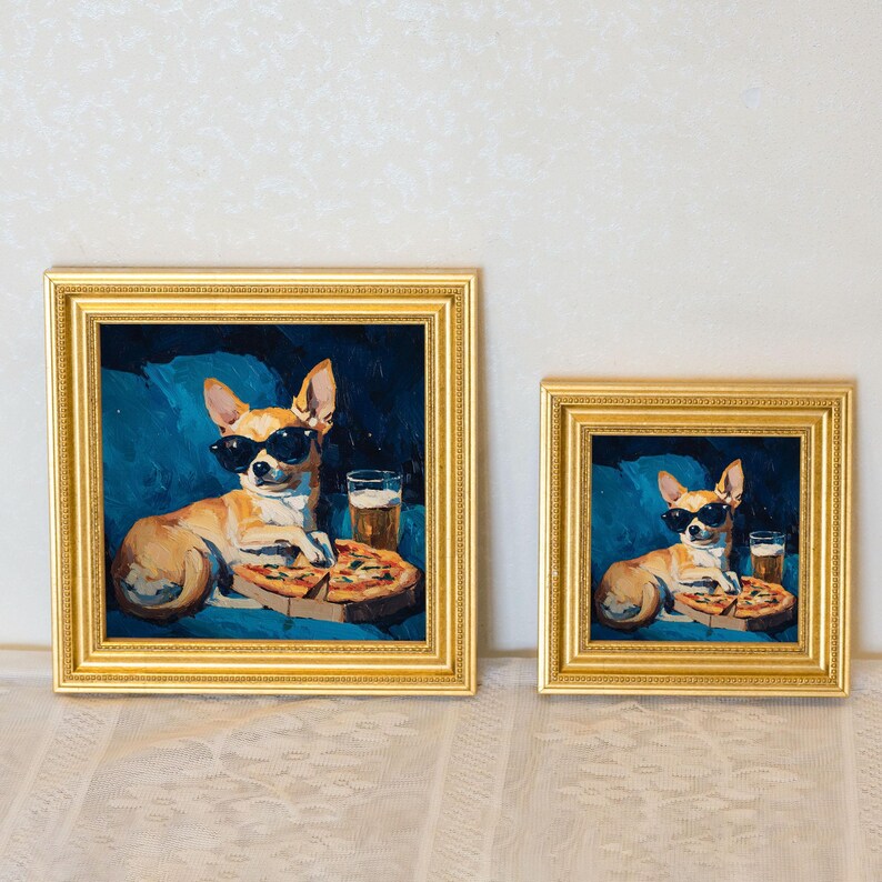 Mini Chihuahua Dog Oil Painting in Gold Frame, Hand-Painted Puppy Wall Art for Home, Office, Bar & Gift for Dog Lovers and Pet Lovers