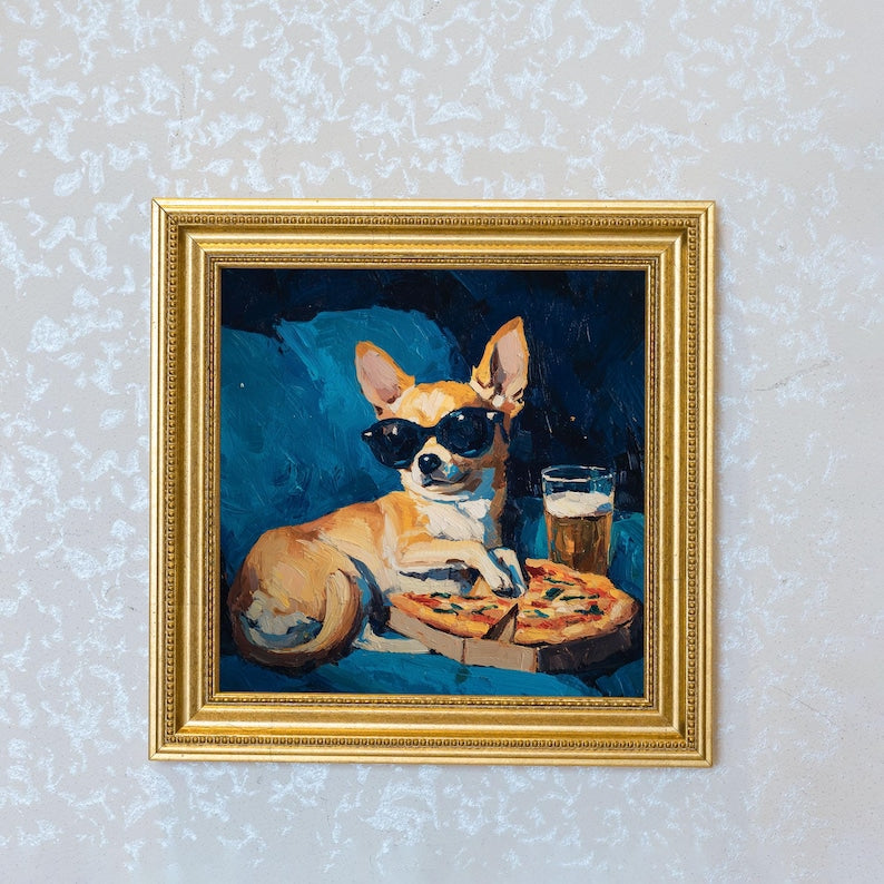 Mini Chihuahua Dog Oil Painting in Gold Frame, Hand-Painted Puppy Wall Art for Home, Office, Bar & Gift for Dog Lovers and Pet Lovers