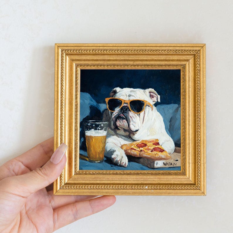 Mini Bulldog Oil Painting in Gold Frame: Hand-Painted Puppy Art