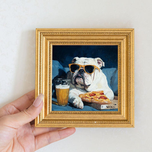 Mini Bulldog Oil Painting in Gold Frame: Hand-Painted Puppy Art
