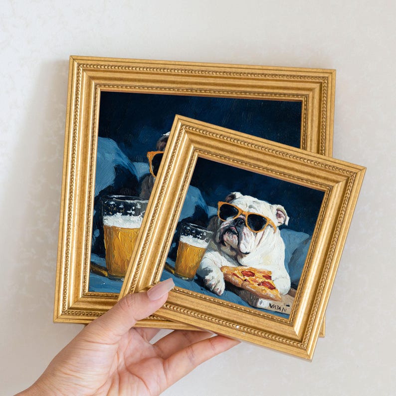 Mini Bulldog Oil Painting in Gold Frame: Hand-Painted Puppy Art