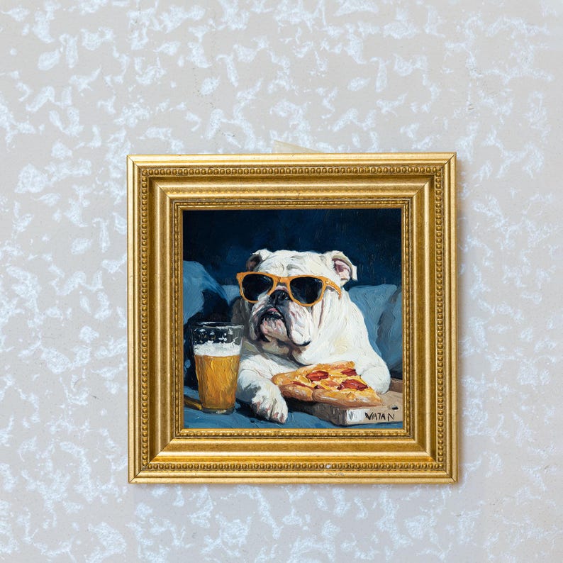 Mini Bulldog Oil Painting in Gold Frame: Hand-Painted Puppy Art