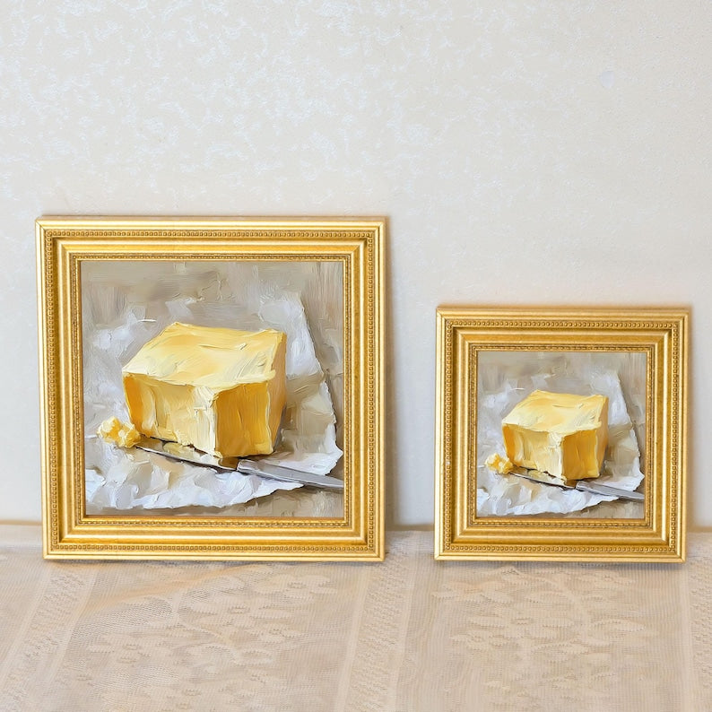 Small Irish Butter Oil Painting in Gold Frame, Still Life Art Gift for Wall Decor Lover, Original Painting for French Kitchen and Bar Decor
