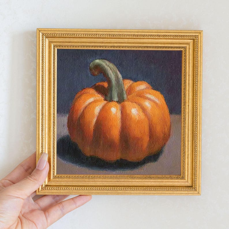 Mini Pumpkin Oil Painting in Gold Frame | Rustic Fall Kitchen Decor for Thanksgiving & Autumn | Still Life Art Gift for Wall Art Decor Lover