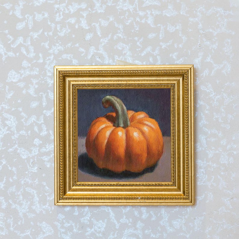 Mini Pumpkin Oil Painting in Gold Frame | Rustic Fall Kitchen Decor for Thanksgiving & Autumn | Still Life Art Gift for Wall Art Decor Lover