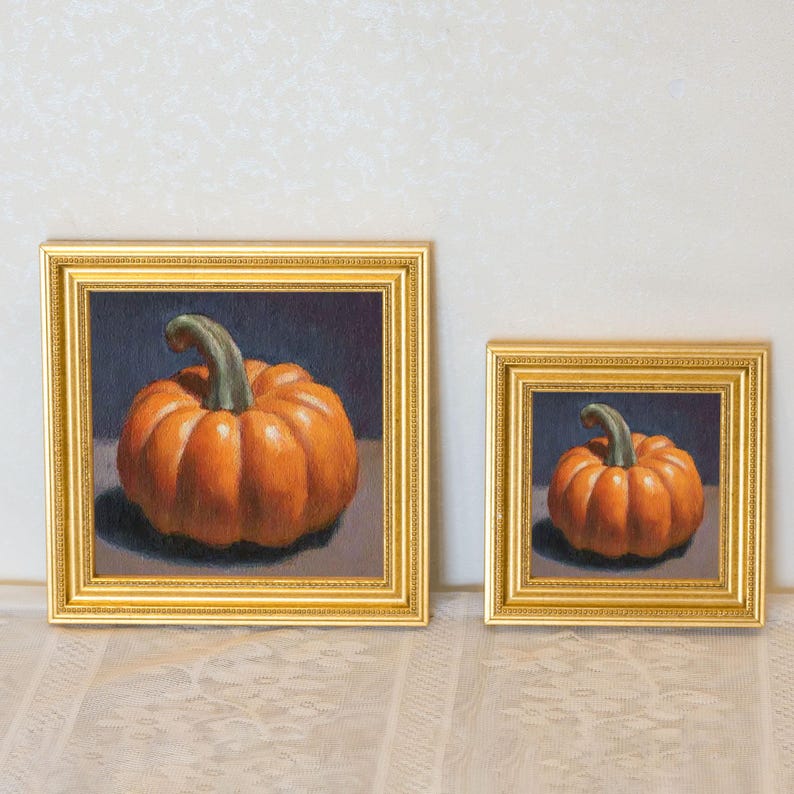 Mini Pumpkin Oil Painting in Gold Frame | Rustic Fall Kitchen Decor for Thanksgiving & Autumn | Still Life Art Gift for Wall Art Decor Lover