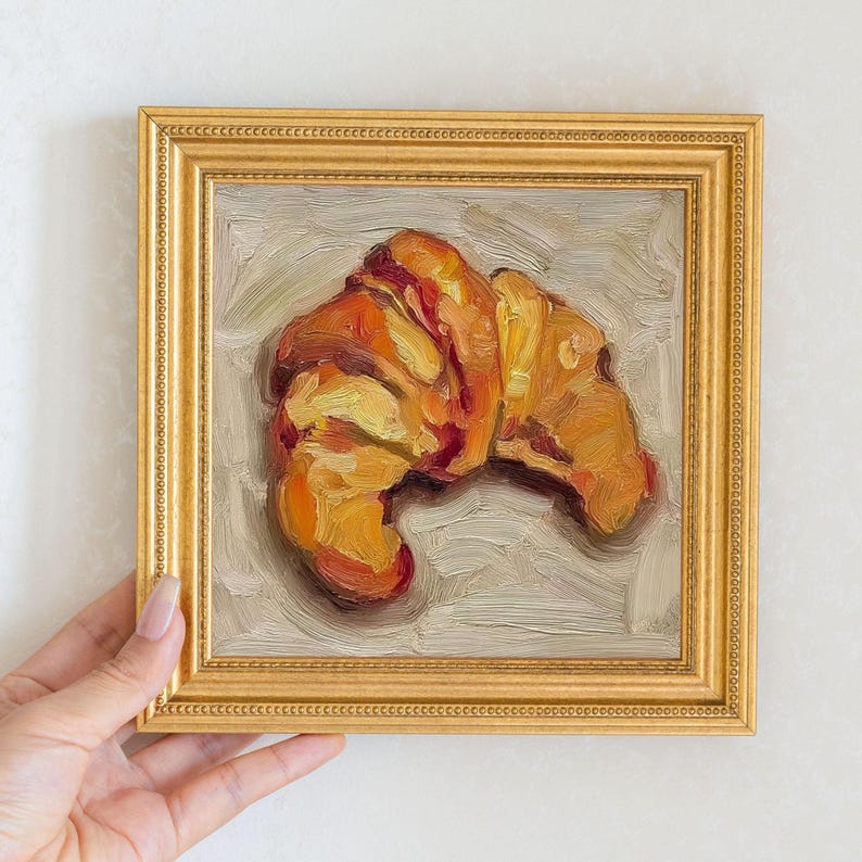 Mini Croissant Oil Painting in Gold Frame | Small French Bakery Wall Art for Kitchen & Cafe | Still Life Art Gift for Wall Art Decor Lover