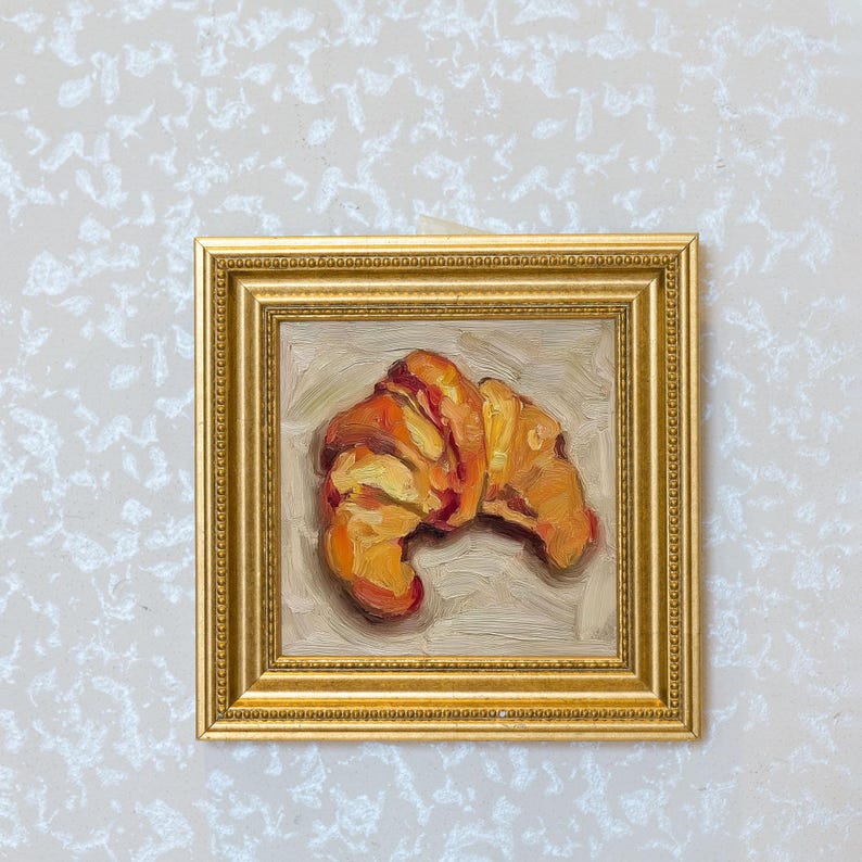 Mini Croissant Oil Painting in Gold Frame | Small French Bakery Wall Art for Kitchen & Cafe | Still Life Art Gift for Wall Art Decor Lover
