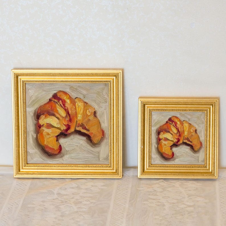 Mini Croissant Oil Painting in Gold Frame | Small French Bakery Wall Art for Kitchen & Cafe | Still Life Art Gift for Wall Art Decor Lover