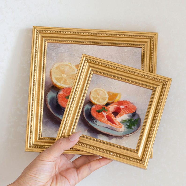 Mini Salmon Steak Oil Painting in Gold Frame: Seafood Kitchen Art